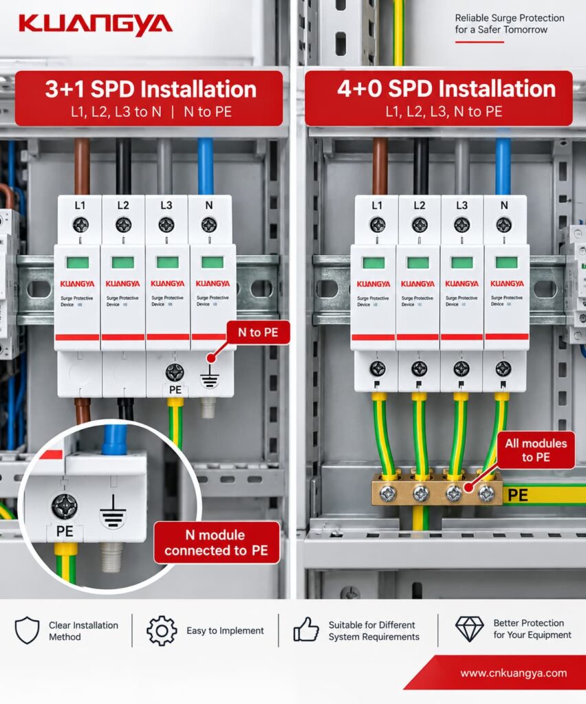 TT and TN-S earthing systems with 3+1 and 4+0 SPD configurations