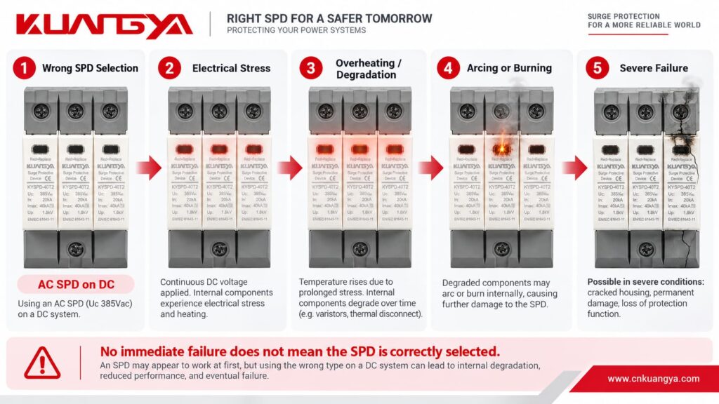 Possible failure process when an AC SPD is used on a DC system