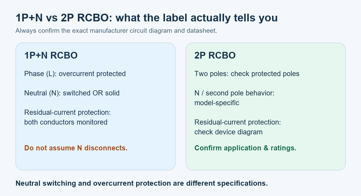 Comparison of 1P+N and 2P RCBO: neutral switching and protected poles require model-specific verification