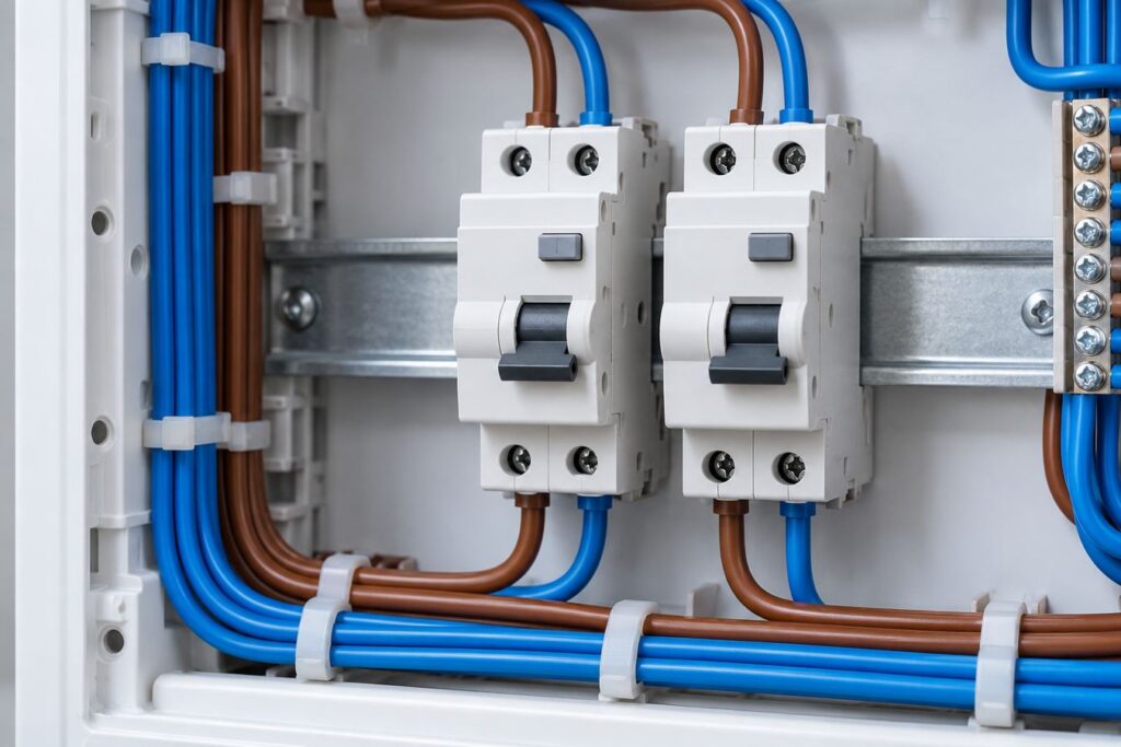 Two DIN-rail RCBO devices in a distribution board with blue neutral and brown phase wires