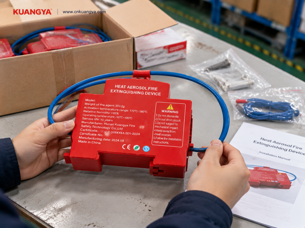 Aerosol fire extinguisher inspection of the blue activation cable and external components