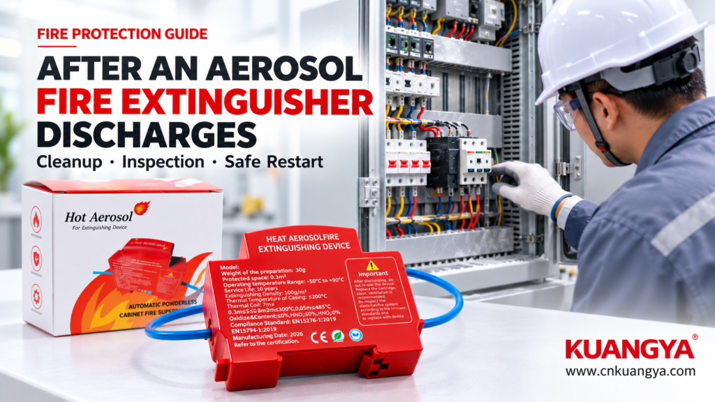 Aerosol fire extinguisher discharge cleanup inspection scene with KUANGYA cabinet fire suppression device