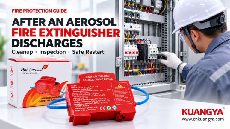 Aerosol fire extinguisher discharge cleanup inspection scene with KUANGYA cabinet fire suppression device