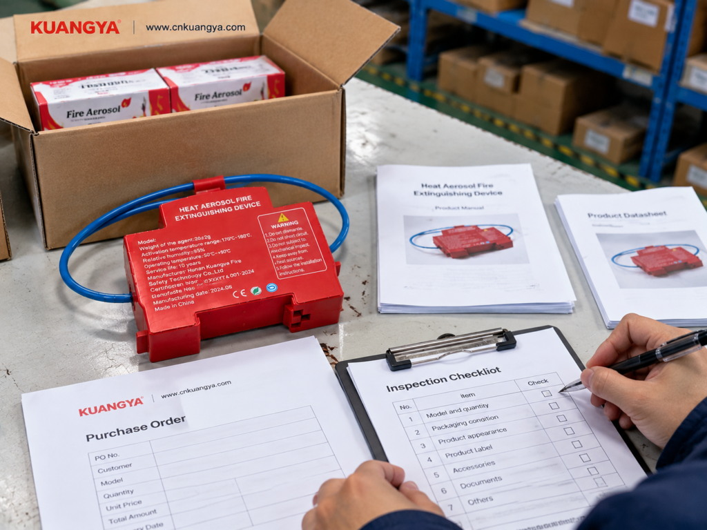 Aerosol fire extinguisher inspection with technical documents and product datasheet