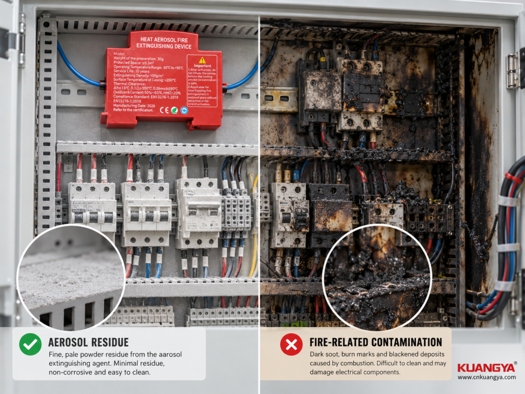 Comparison of aerosol residue and fire residue inside an electrical cabinet