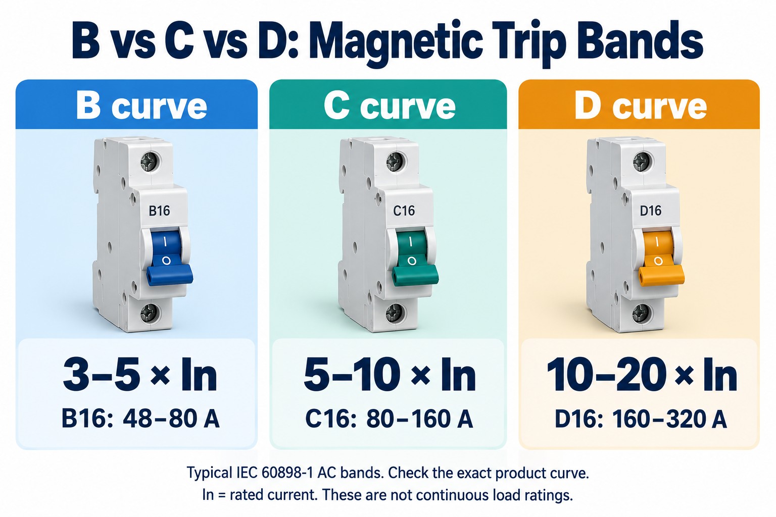 B vs C vs D MCB magnetic trip bands with B16, C16 and D16 current examples