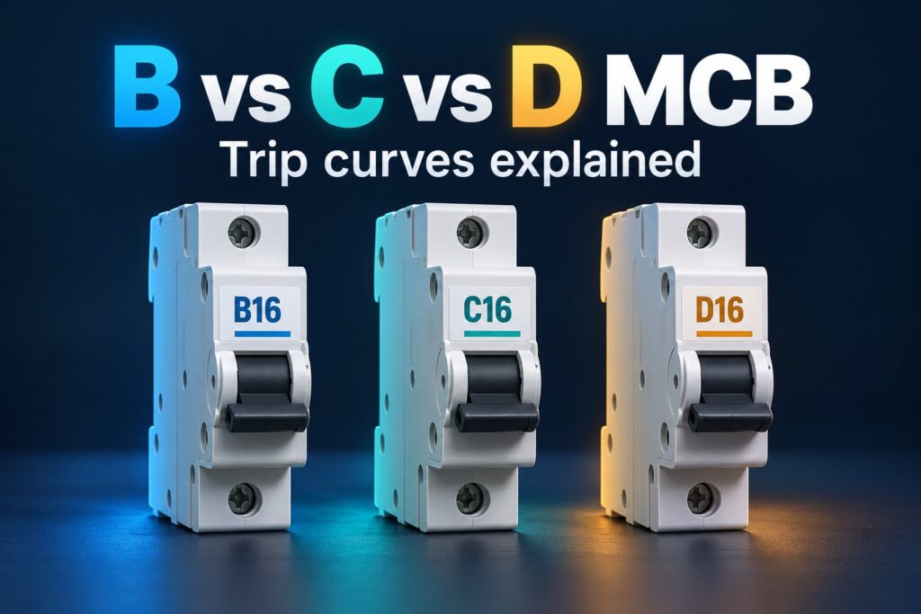 B vs C vs D MCB trip curves illustrated with B16 C16 and D16 circuit breakers