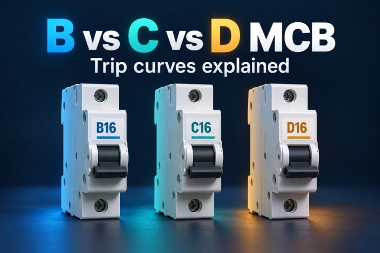 B vs C vs D MCB trip curves illustrated with B16 C16 and D16 circuit breakers