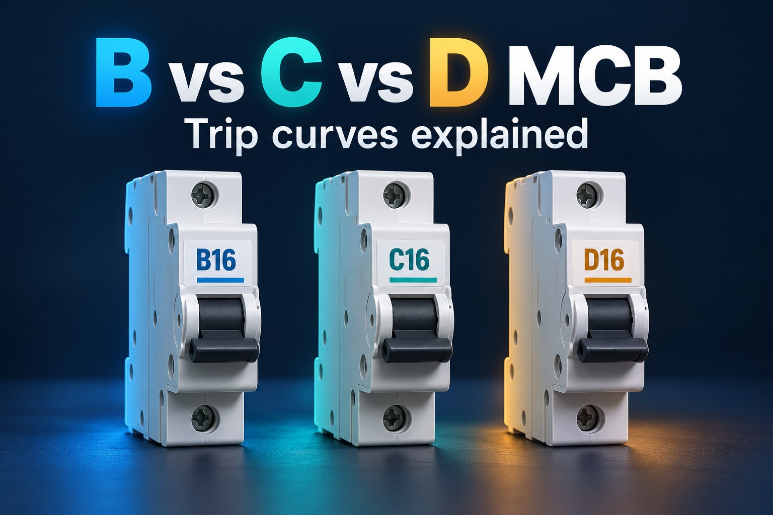 B vs C vs D MCB trip curves illustrated with B16 C16 and D16 circuit breakers