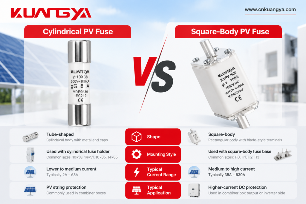 Comparison of cylindrical and square-body PV fuse designs