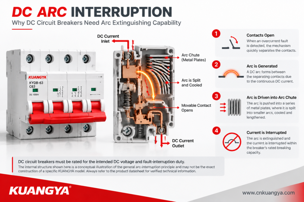 Conceptual illustration of DC arc interruption in a circuit breaker