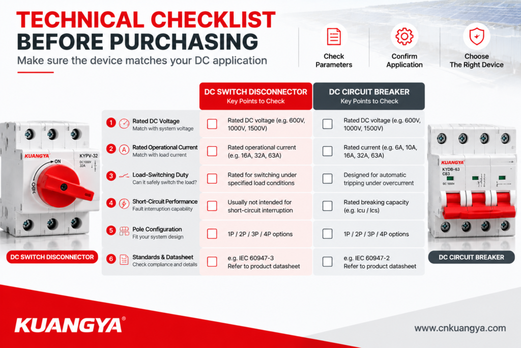 Technical checklist for selecting a DC switch disconnector or DC circuit breaker
