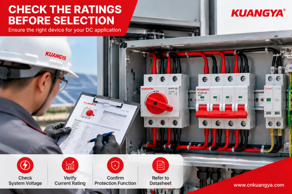 Electrical engineer checking DC switch disconnector and circuit breaker ratings in a cabinet