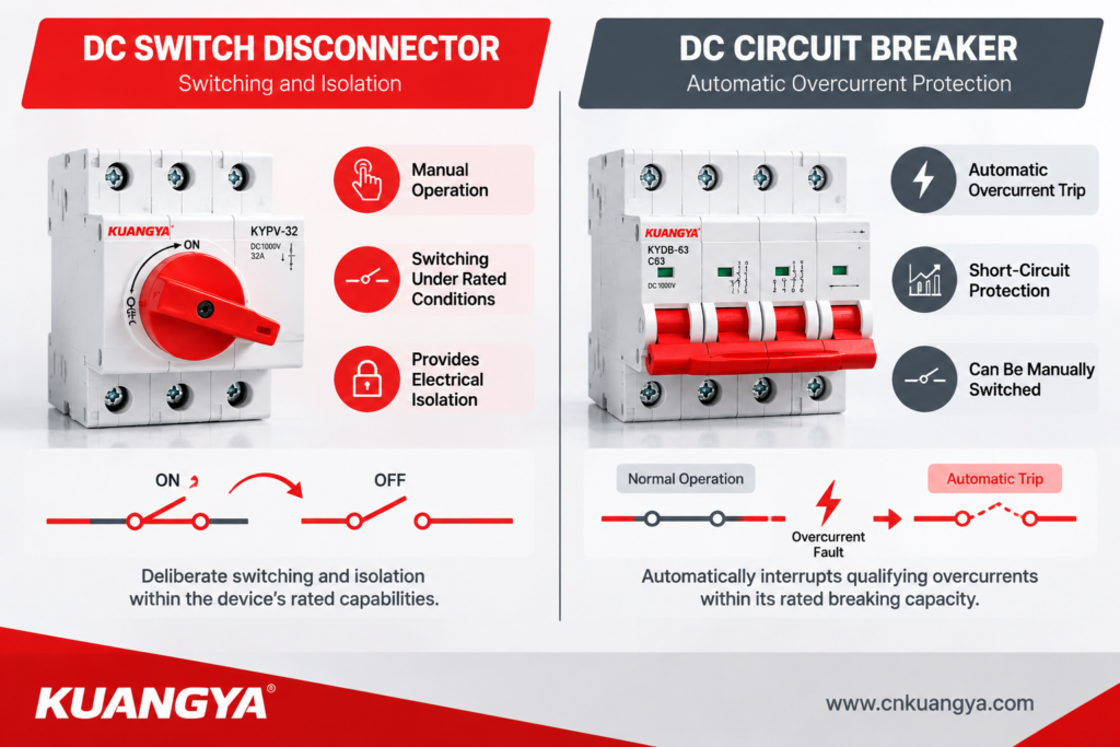 Functional comparison of DC switch disconnector isolation and DC circuit breaker overcurrent protection