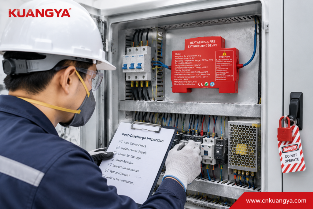 Technician isolating and inspecting an electrical cabinet after aerosol fire extinguisher discharge