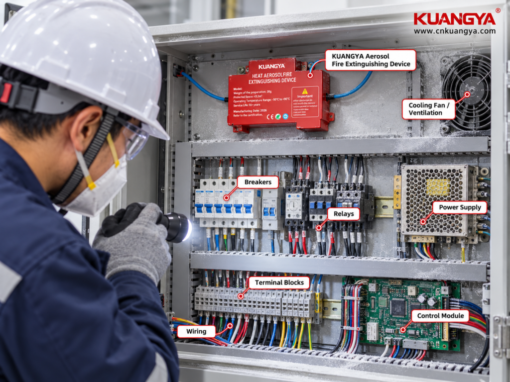 Electrical components to inspect after aerosol fire suppression system discharge