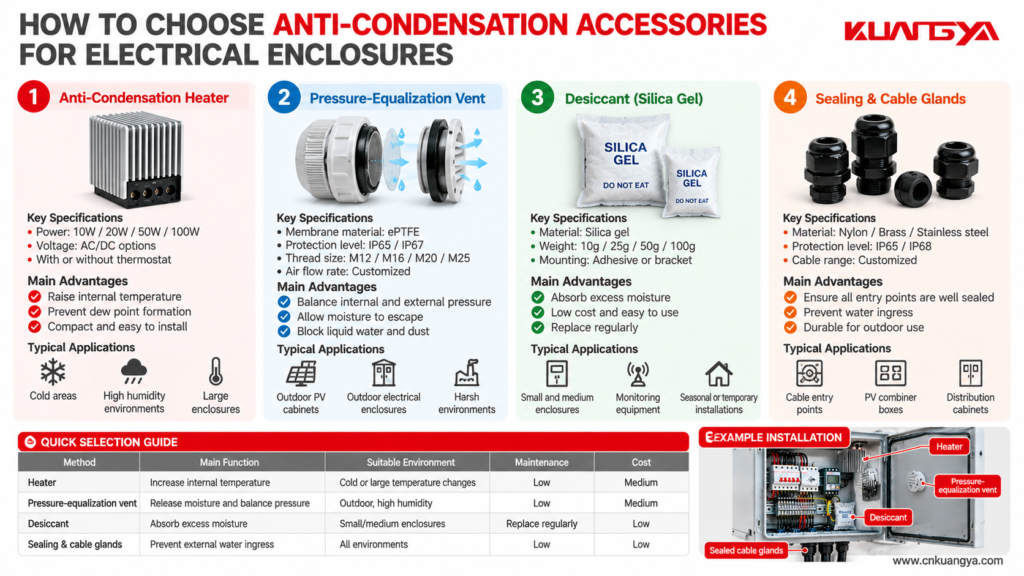 Comparison of anti-condensation accessories for electrical enclosures including heaters, pressure-equalization vents, desiccants, and cable glands