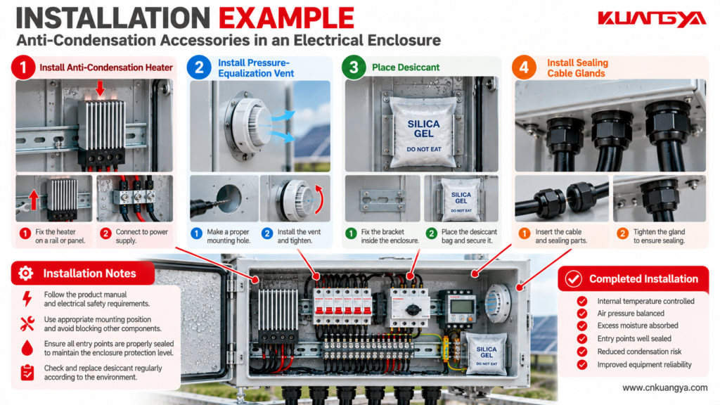 Illustrated electrical enclosure anti-condensation installation showing heater, pressure-equalization vent, desiccant, and cable glands