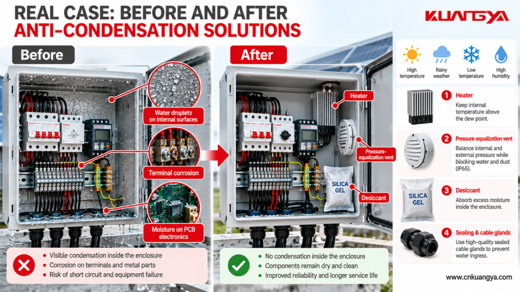 Before and after comparison of electrical enclosure condensation prevention using a heater, vent, desiccant, and sealed cable glands