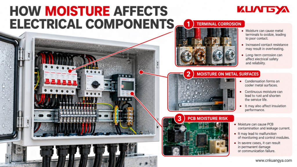 Electrical enclosure moisture damage showing terminal corrosion, water droplets on metal surfaces, and PCB moisture risks