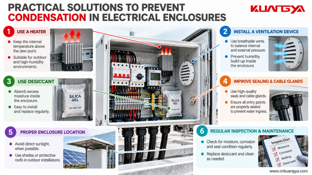 Six electrical enclosure condensation prevention methods including heaters, vents, desiccants, sealing, shading, and maintenance