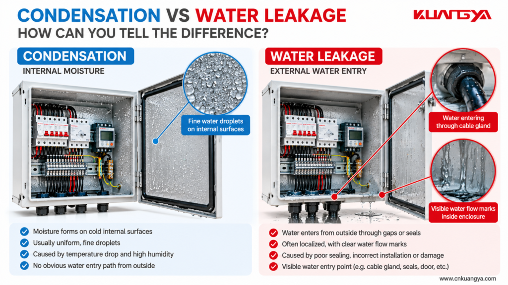 Side-by-side comparison of condensation droplets and external water leakage inside electrical enclosures