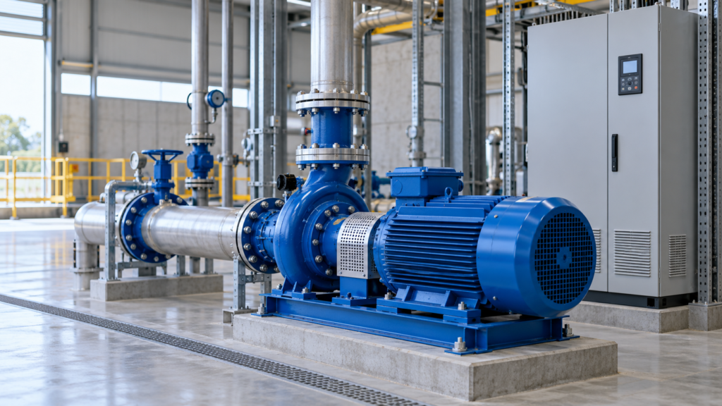 Industrial motor and VFD control cabinet in a pump station