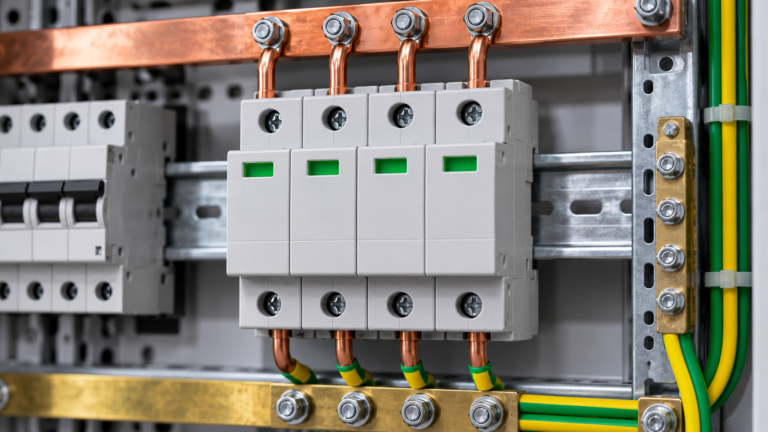 Surge protective device in an electrical panel with short, direct connecting leads