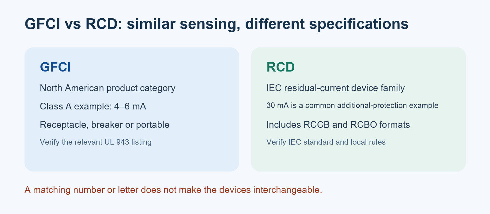 Comparison of North American GFCI and IEC RCD device families and common protection ratings