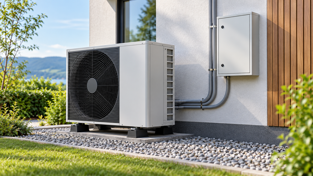 Air-source heat pump outdoor unit beside a closed electrical distribution cabinet