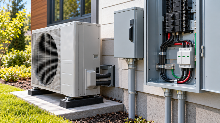 Air-source heat pump beside an electrical panel with a modular surge protective device