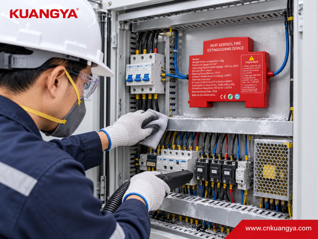 Cleaning aerosol fire extinguisher residue from an electrical cabinet