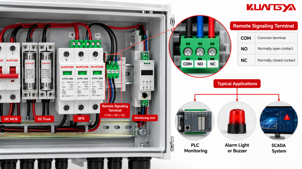 Industrial electrical panel illustrating SPD remote signaling with COM NO NC contacts and PLC monitoring