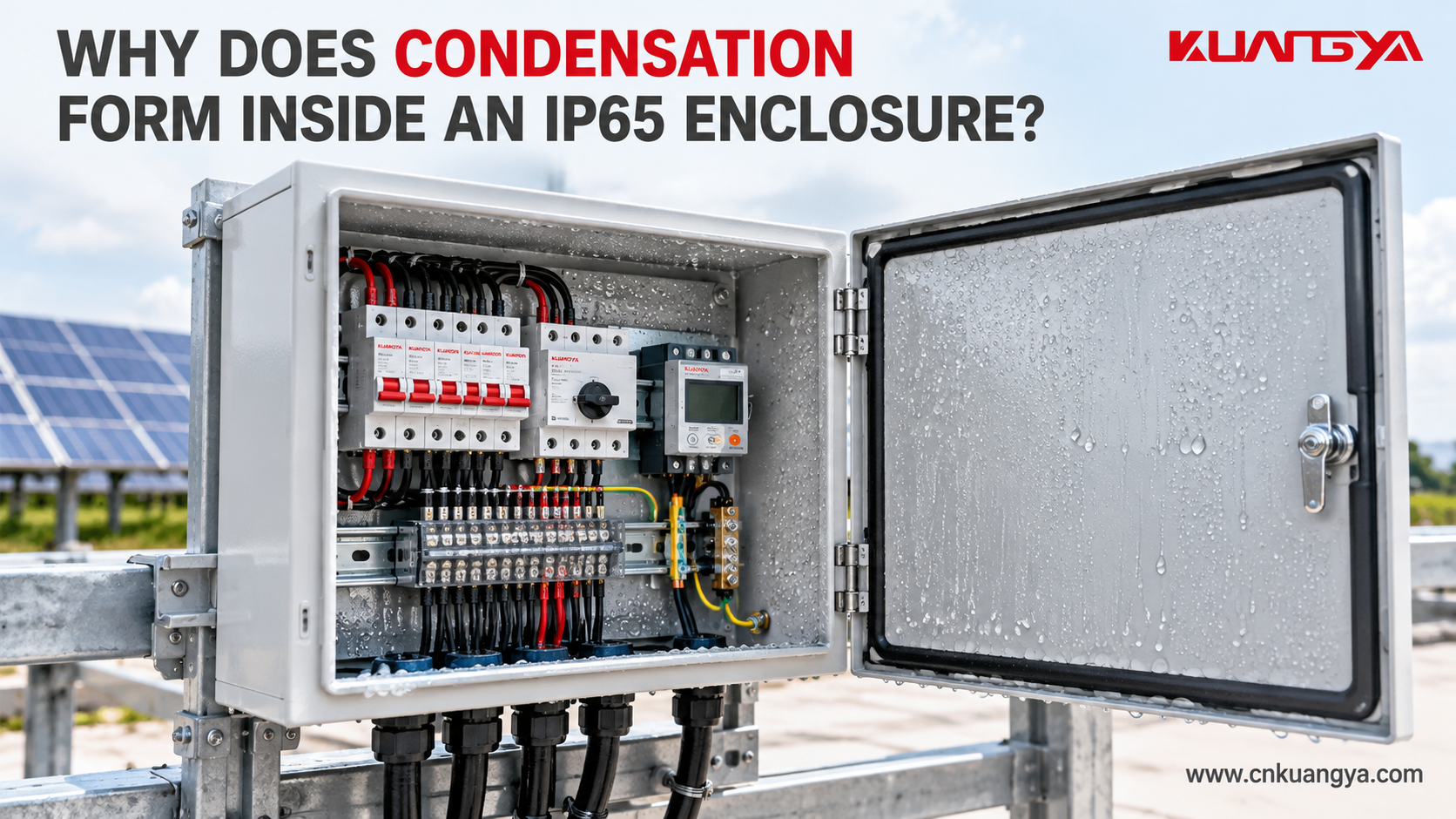 IP65 enclosure condensation inside an outdoor solar electrical cabinet with visible water droplets