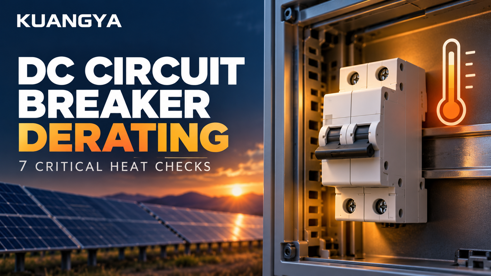 KUANGYA DC circuit breaker derating illustration with a two-pole breaker, thermometer and solar panels