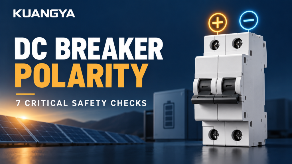 KUANGYA DC circuit breaker polarity cover with a generic two-pole breaker, plus and minus symbols, solar panels and battery storage