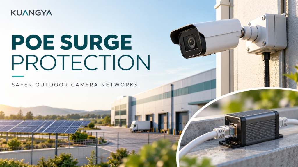 KUANGYA PoE surge protection illustration with an outdoor security camera, Ethernet surge protector and warehouse