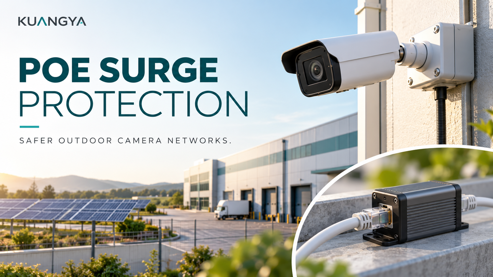 KUANGYA PoE surge protection illustration with an outdoor security camera, Ethernet surge protector and warehouse