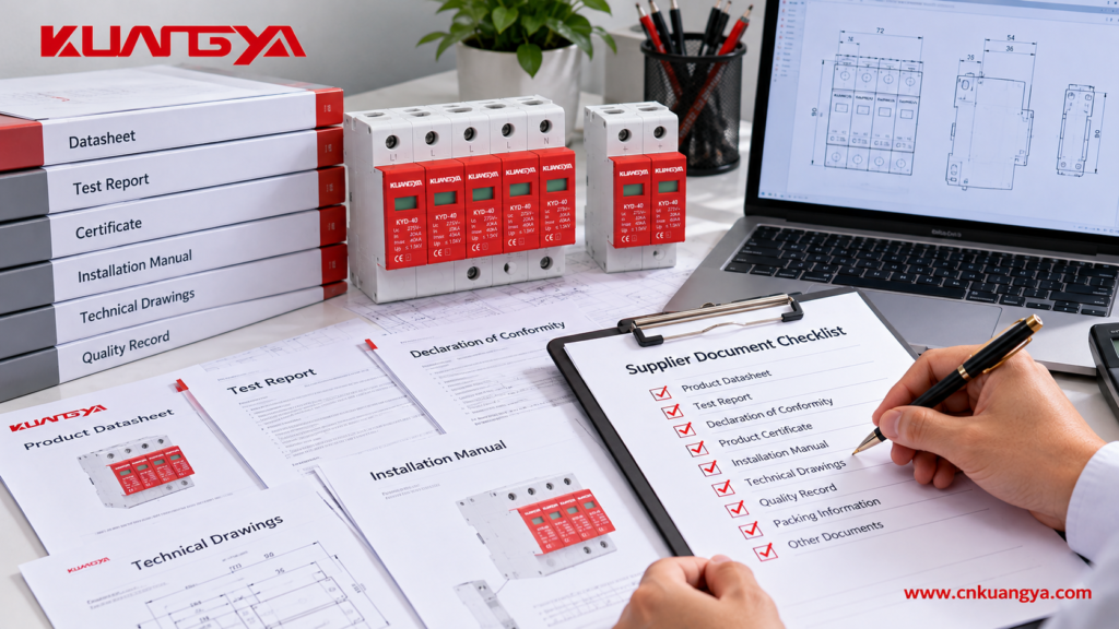 KUANGYA SPD procurement document checklist with technical datasheets and supplier records