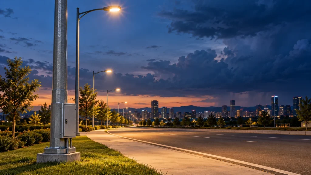 LED street lights beside a pole electrical enclosure at dusk
