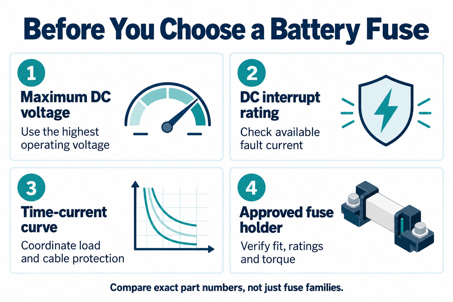 Four checks for LiFePO4 battery fuse selection: maximum DC voltage, DC interrupt rating, time-current curve and approved fuse holder