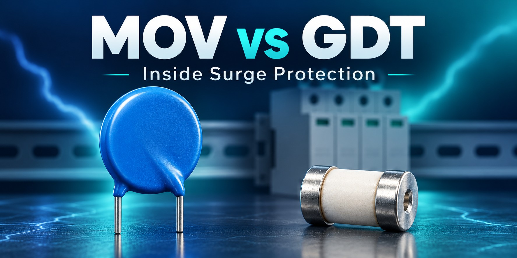 MOV vs GDT illustration showing a metal oxide varistor and a gas discharge tube used in surge protection