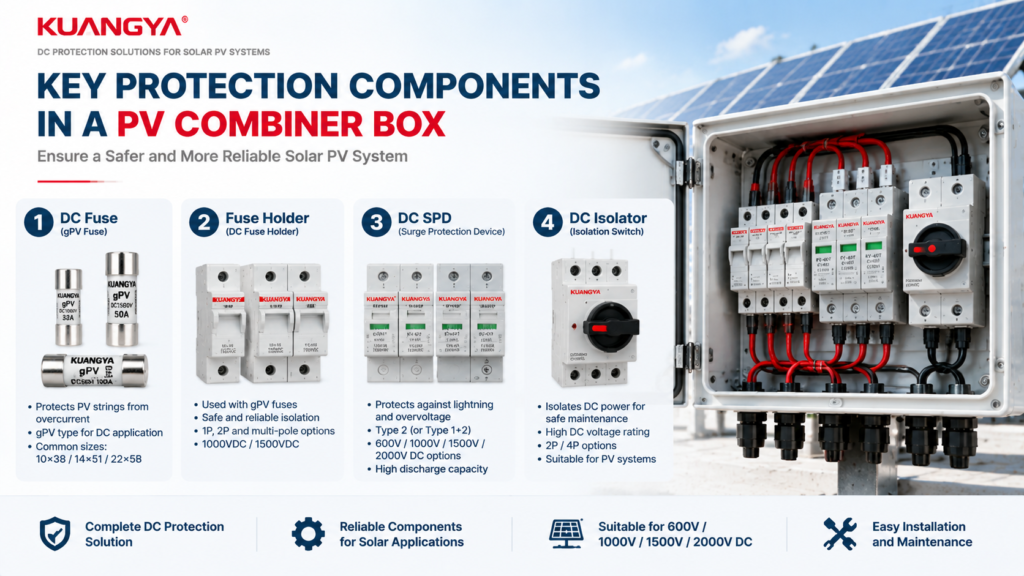 PV combiner box protection components including DC fuse, fuse holder, SPD and isolator