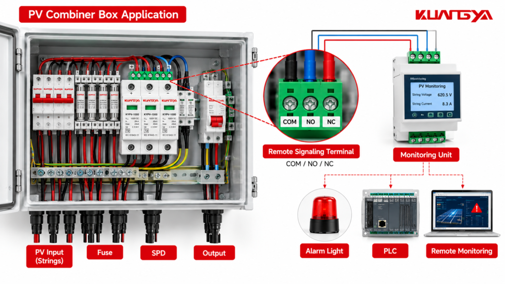 PV combiner box illustrating SPD remote signaling with COM NO NC contacts and monitoring equipment