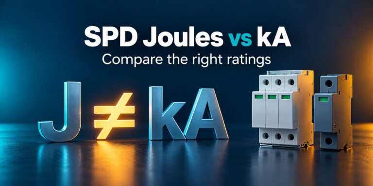 SPD joules vs kA illustrated with surge protective devices and separate energy and current symbols