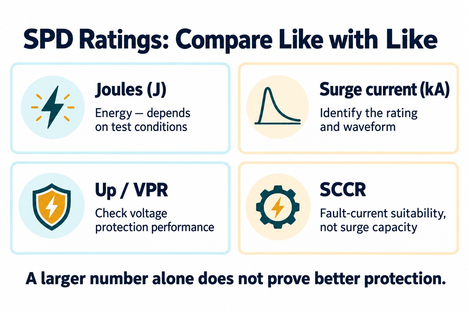 SPD joules vs kA comparison showing energy, surge current, voltage protection and short-circuit rating as different checks
