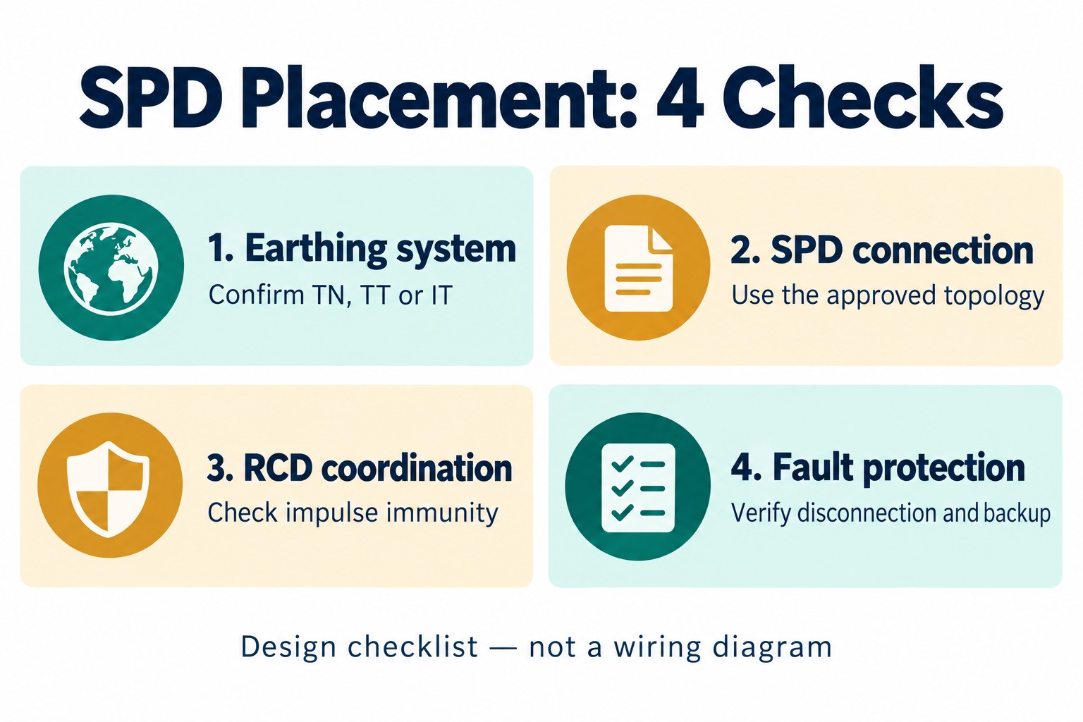 SPD placement checklist: earthing system, approved connection topology, RCD impulse immunity and fault protection
