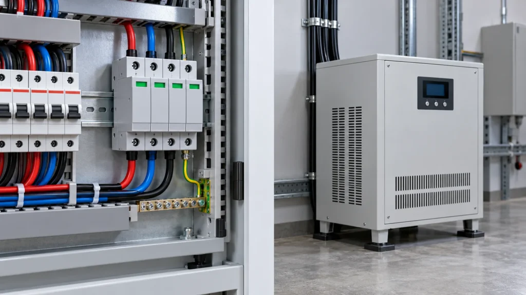 Surge protective device in a distribution panel next to a voltage stabilizer cabinet