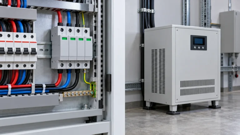 Surge protective device in a distribution panel next to a voltage stabilizer cabinet