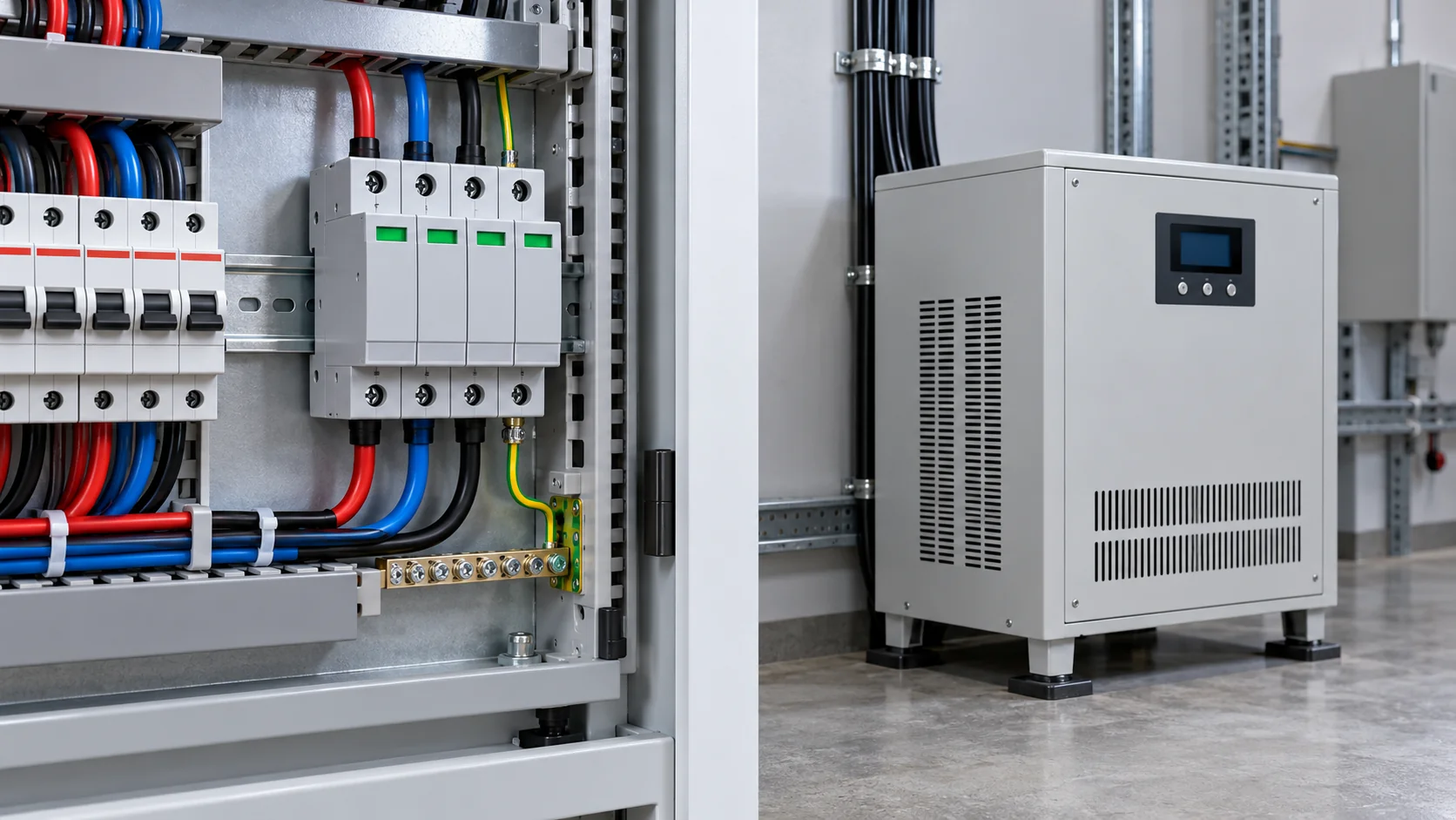 Surge protective device in a distribution panel next to a voltage stabilizer cabinet